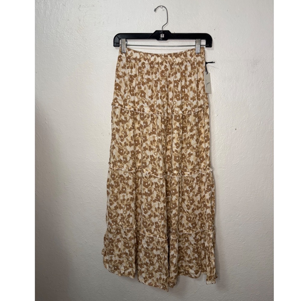 Japna Women's Small Tiered Maxi Skirt Tan Floral Leaves Cottagecore NEW